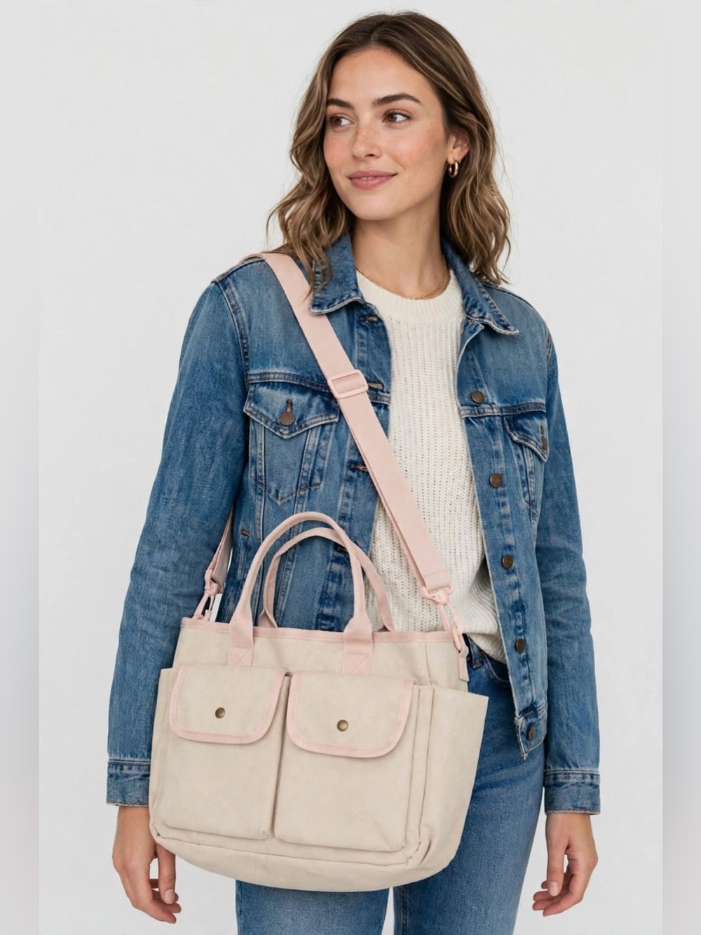 BAGSMART Beige & Blush Pink Canvas Tote Bag | Crossbody Shoulder Bag with Pocket